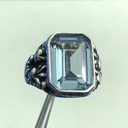 Estate Sterling Silver Emerald Cut Blue Topaz Scroll Floral Vine Cocktail Ring