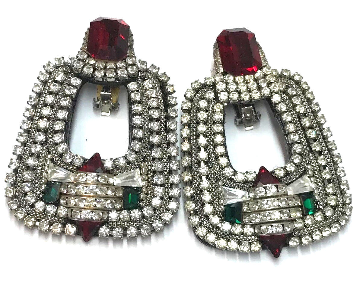 Original M&J Hansen '89 Signed Red Green Crystal Rhinestone Runway Clip Earrings