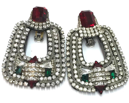 Original M&J Hansen '89 Signed Red Green Crystal Rhinestone Runway Clip Earrings