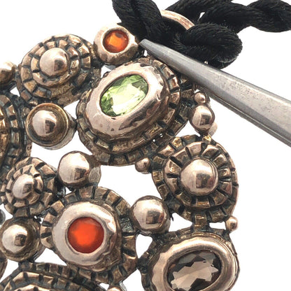 Vintage J 925 Sterling Silver Multi Gemstone Textured Pendant Silk Necklace