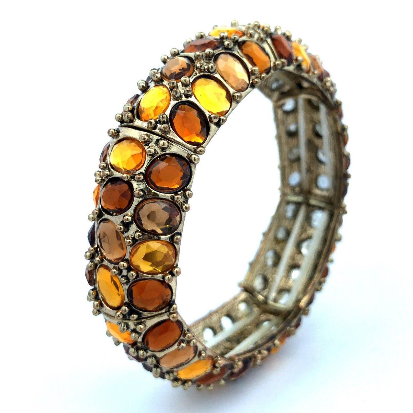 Fabulous Gold Tone Yellow Gold Amber Rhinestone Stretch Statement Cuff Bracelet