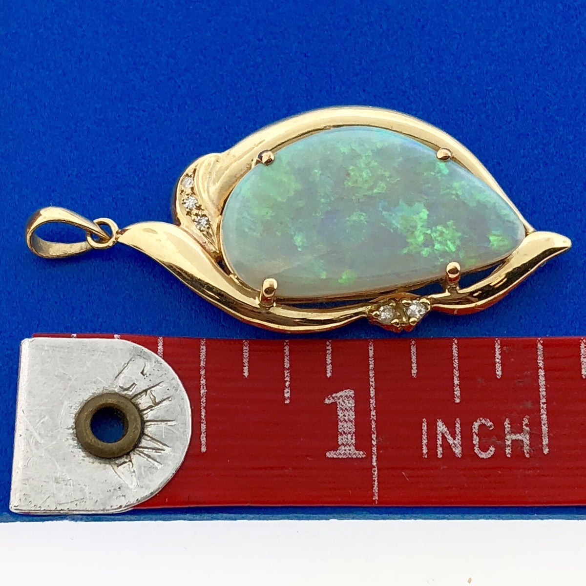 Large Australian Black Opal Pendant Solid 14k Yellow Gold with Diamond Accents