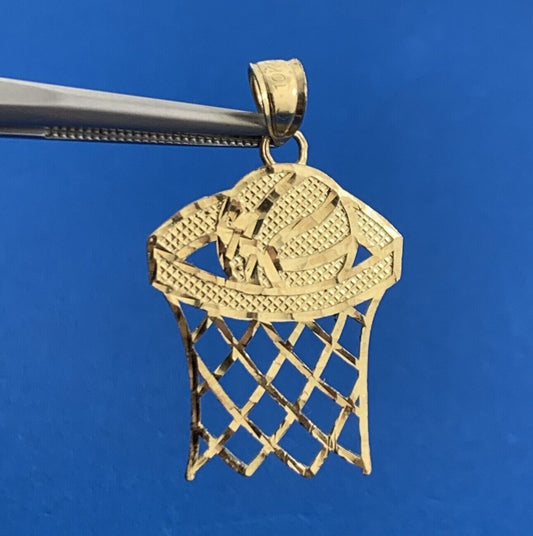 Designer GS 10K Yellow Gold Basketball & Net Hoops Pendant