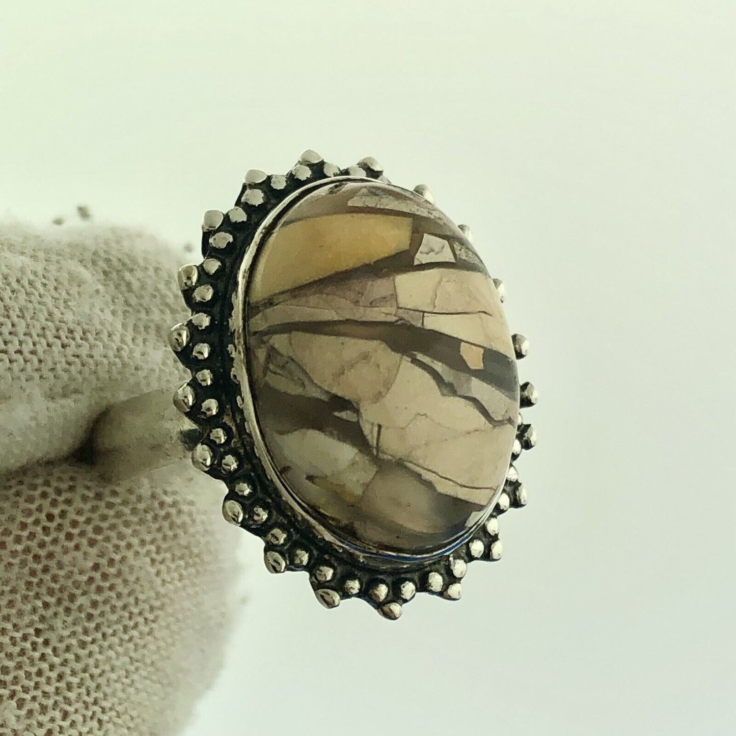 Vintage 925 Sterling Silver Oval Enamel Mosaic Jasper Inlay Statement Ring