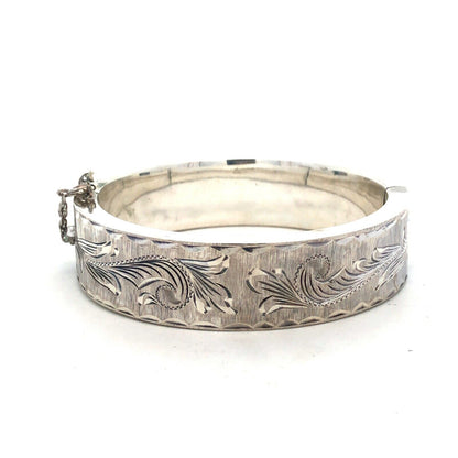 Vintage Designer Mexico 925 Sterling Silver Vine Detail Hinged Bangle Bracelet