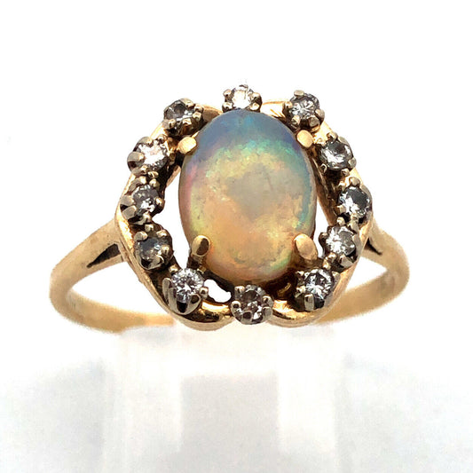Gorgeous 14k Yellow Gold Cabochon White Light Opal Diamond Halo Ring Size 10.75
