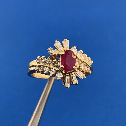 Vintage 14K Yellow Gold Oval Ruby Diamond Accented Cluster Bypass Cocktail Ring