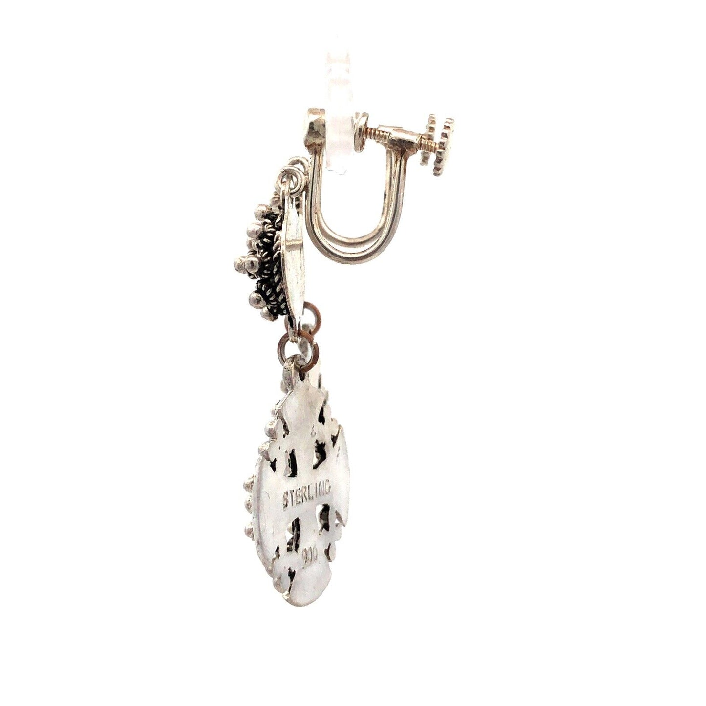 Vintage 900 Fine Silver Jerusalem Cross Detailed Clip On Dangle Earrings