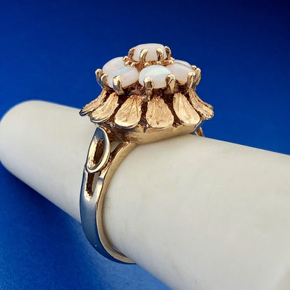 Vintage ESEMCO 14K Yellow Gold Opal Floral Cluster October Anniversary Ring