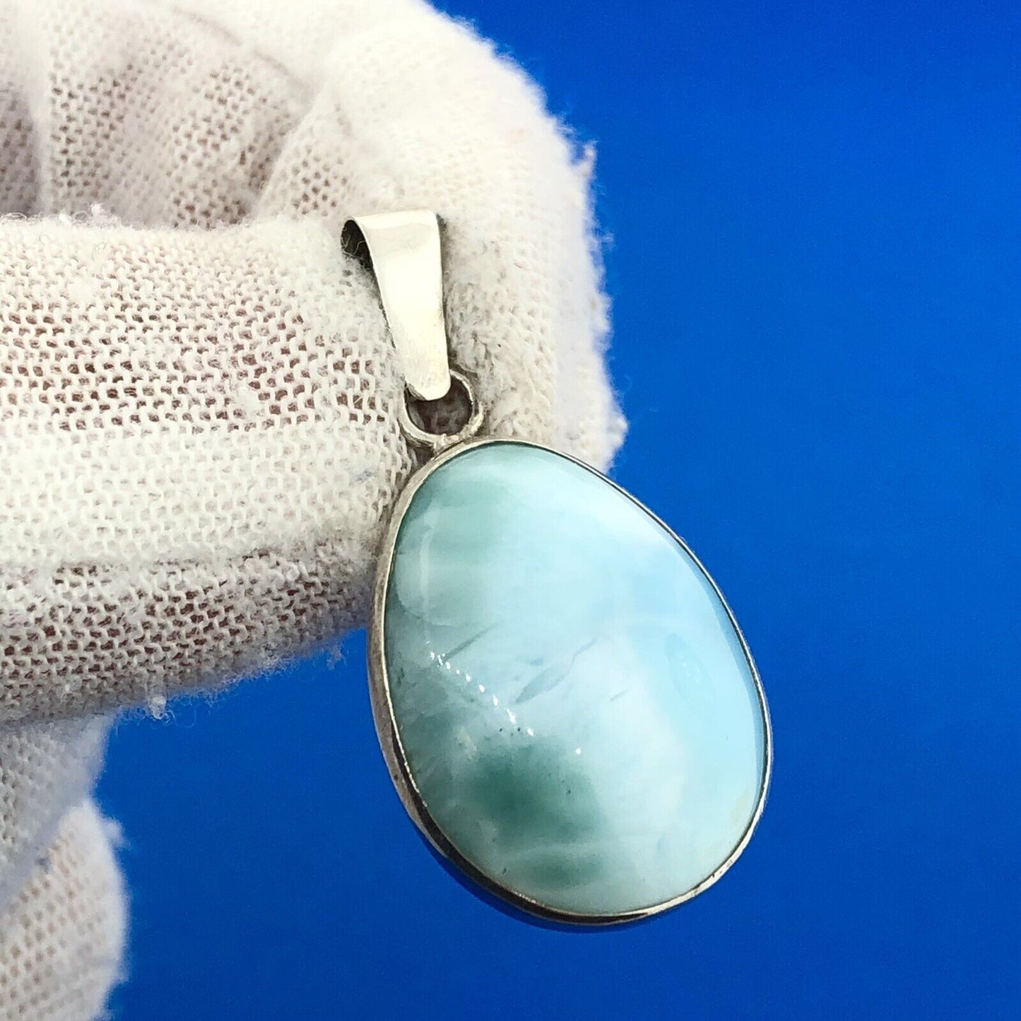 Estate 925 Sterling Silver Larimar Pectolite Pear Healing Statement Pendant