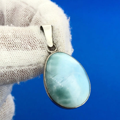 Estate 925 Sterling Silver Larimar Pectolite Pear Healing Statement Pendant