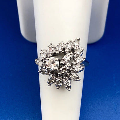 Art Deco 14K White Gold Diamond Free Form Heart Cluster Engagement Cocktail Ring