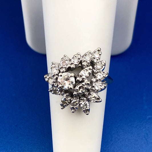 Art Deco 14K White Gold Diamond Free Form Heart Cluster Engagement Cocktail Ring