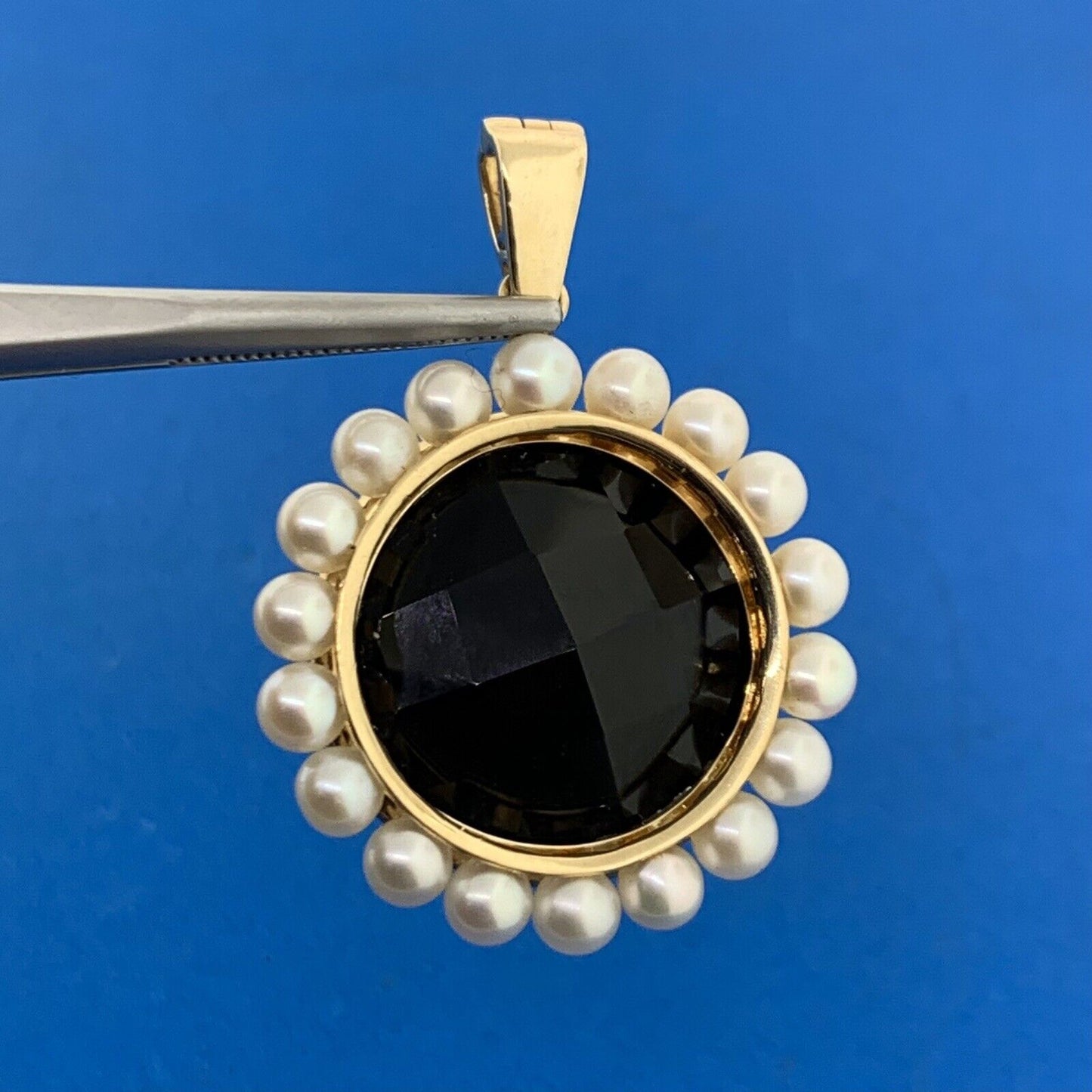 14K Yellow Gold Faceted Black Onyx Pearl Halo Statement Enhancer Pendant