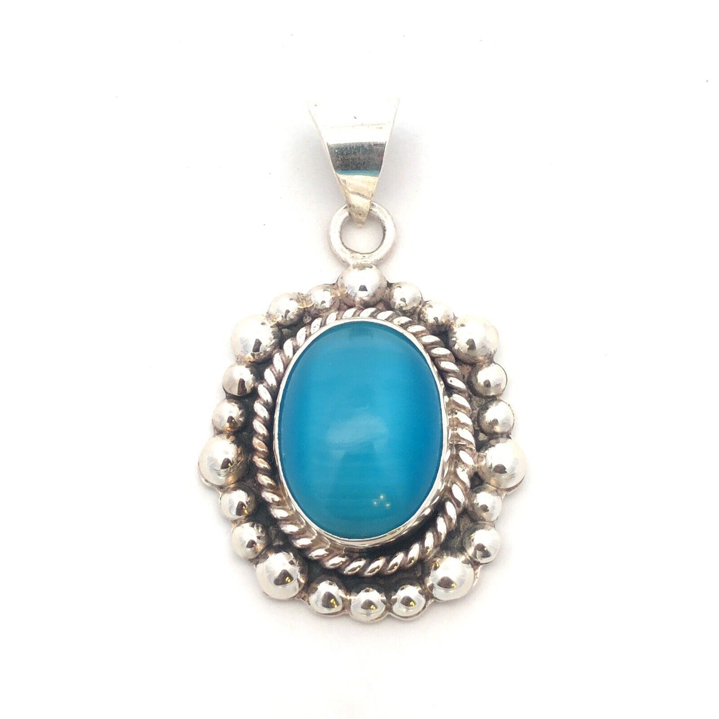 Designer ATI Mexico 925 Sterling Silver Oval Blue Cat's Eye Statement Pendant