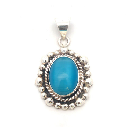 Designer ATI Mexico 925 Sterling Silver Oval Blue Cat's Eye Statement Pendant