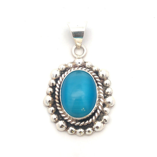 Designer ATI Mexico 925 Sterling Silver Oval Blue Cat's Eye Statement Pendant