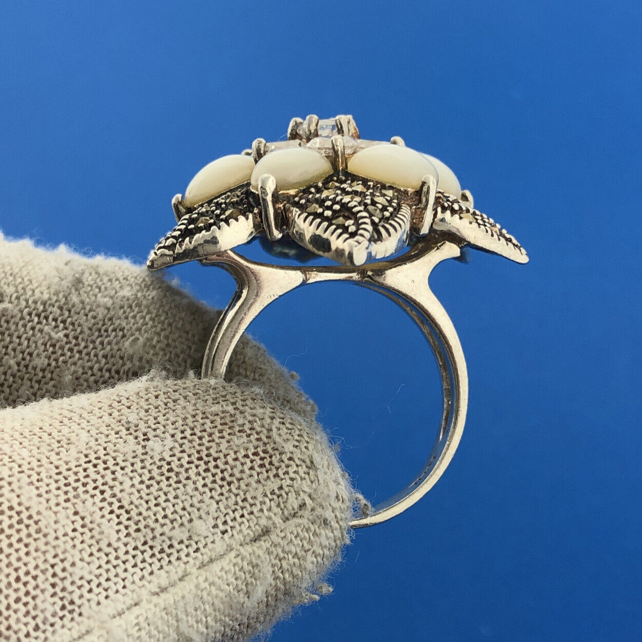 Sterling Silver FAS Cubic Zirconia CZ Moonstone Marcasite Flower Floral Ring