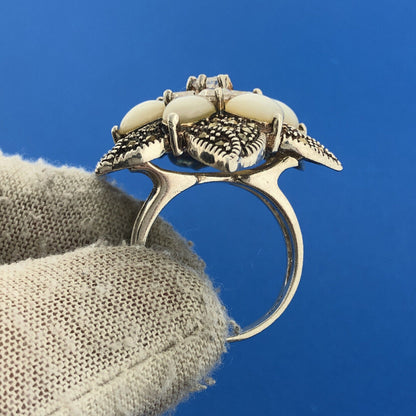 Sterling Silver FAS Cubic Zirconia CZ Moonstone Marcasite Flower Floral Ring