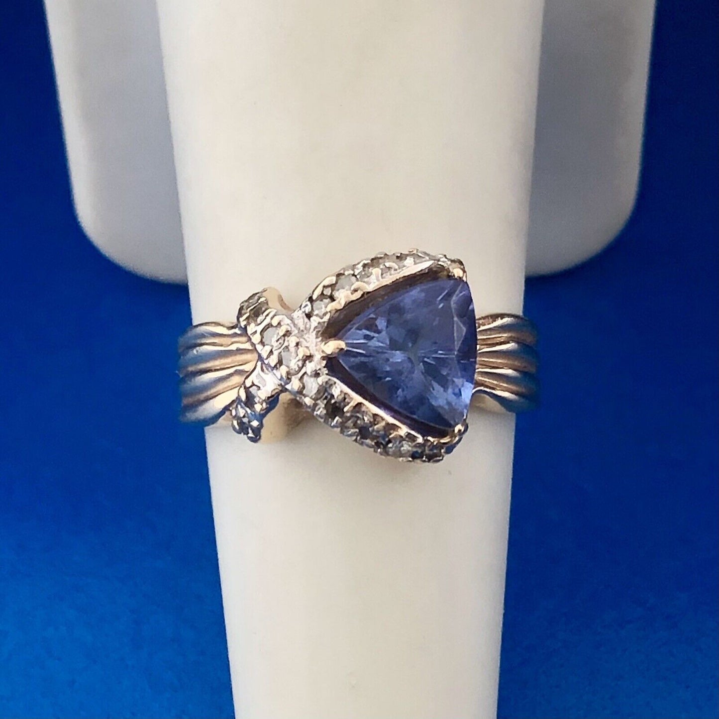 Custom 14k Yellow Gold Trillion Tanzanite Diamond X Ribbon Halo Size 7.25 Ring