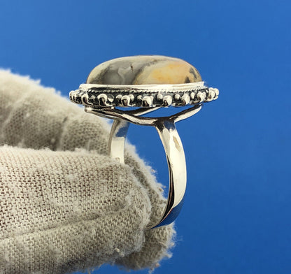 Stunning Sterling Silver 925 Grey Orange Cabochon Agate Statement Ring Size 8.5