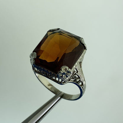 Vintage 18K White Gold Radiant Orange Tourmaline Open Filigree Cocktail Ring