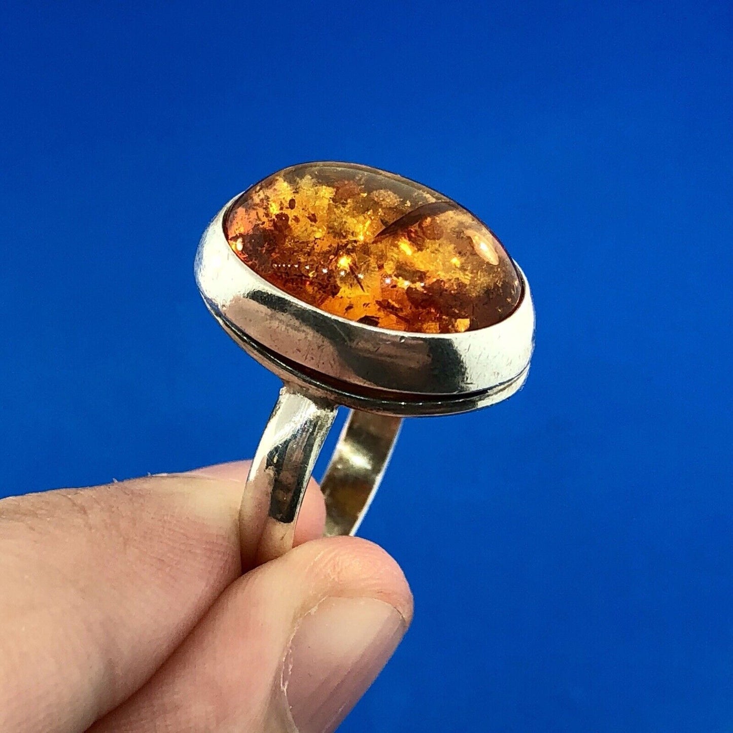 Designer Hallmarked 925 Sterling Silver Baltic Amber Oval Cabochon Fashion Ring