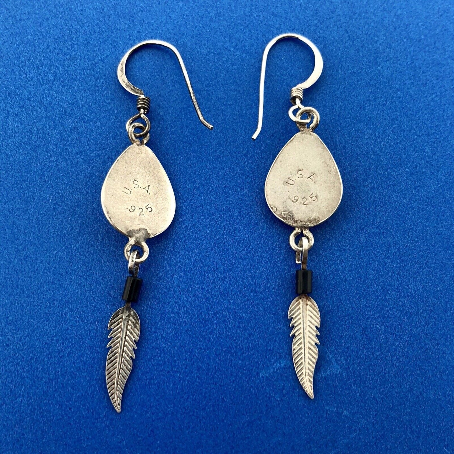Estate Native American Sterling Silver Black Onyx Bear Paw Feather Drop Earrings