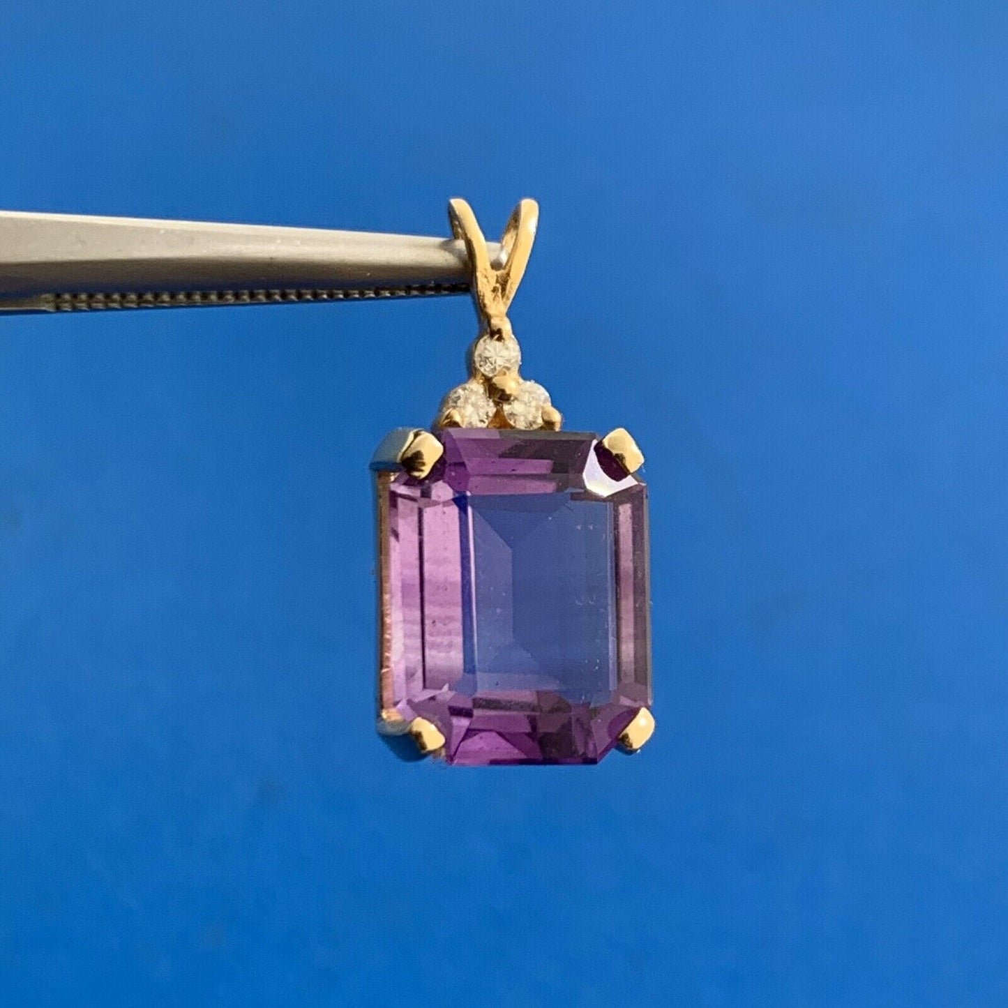 Vintage Designer 14K Yellow Gold Emerald Cut Amethyst Diamond Accent Pendant