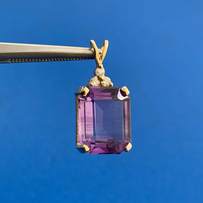 Vintage Designer 14K Yellow Gold Emerald Cut Amethyst Diamond Accent Pendant