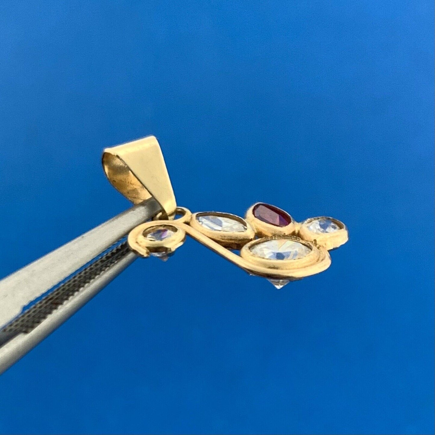 Vintage Mexico 10K Yellow Gold Ruby White Topaz Modernist Floral Dangle Pendant