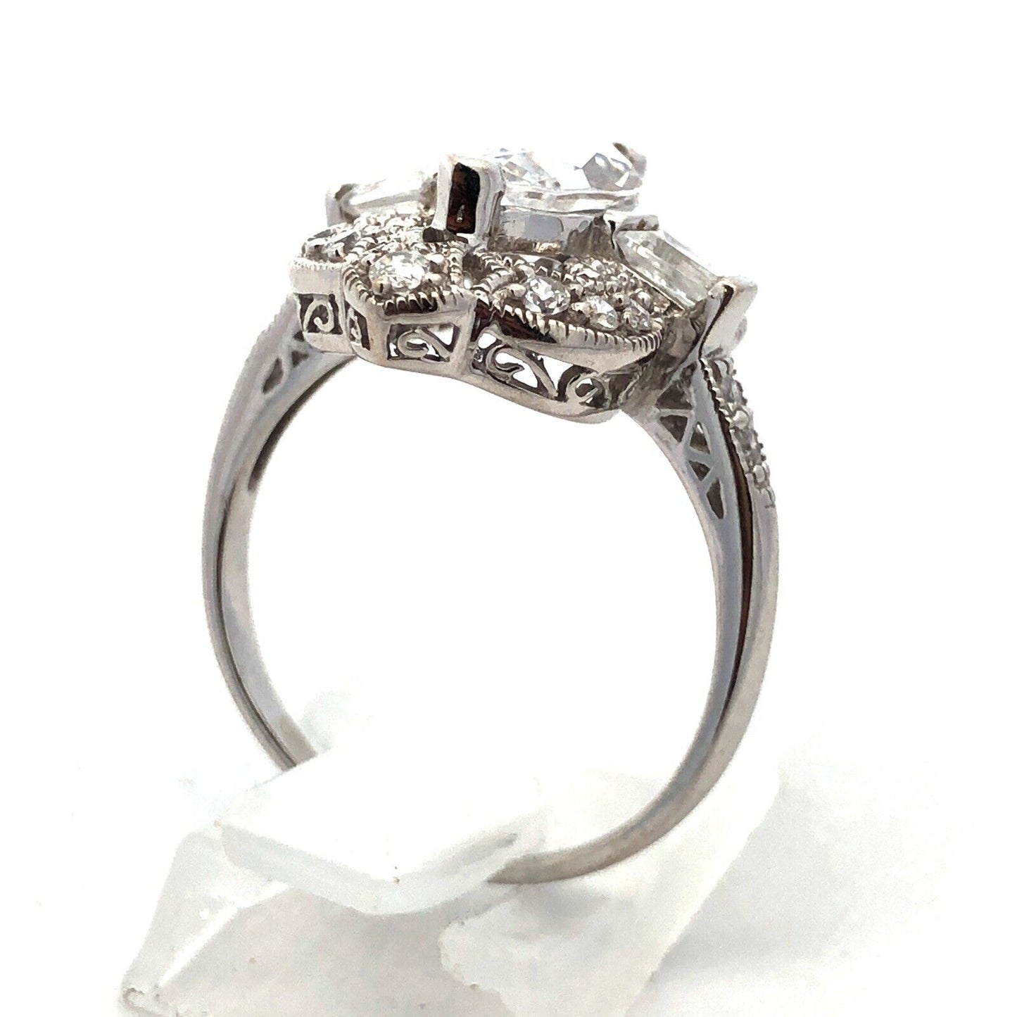 Designer MEDA 14K White Gold Cubic Zirconia Solitaire W/Accents Statement Ring