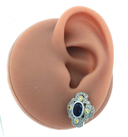Designer 10K White Gold Oval Tanzanite Yellow Topaz Diamond Stud Earrings