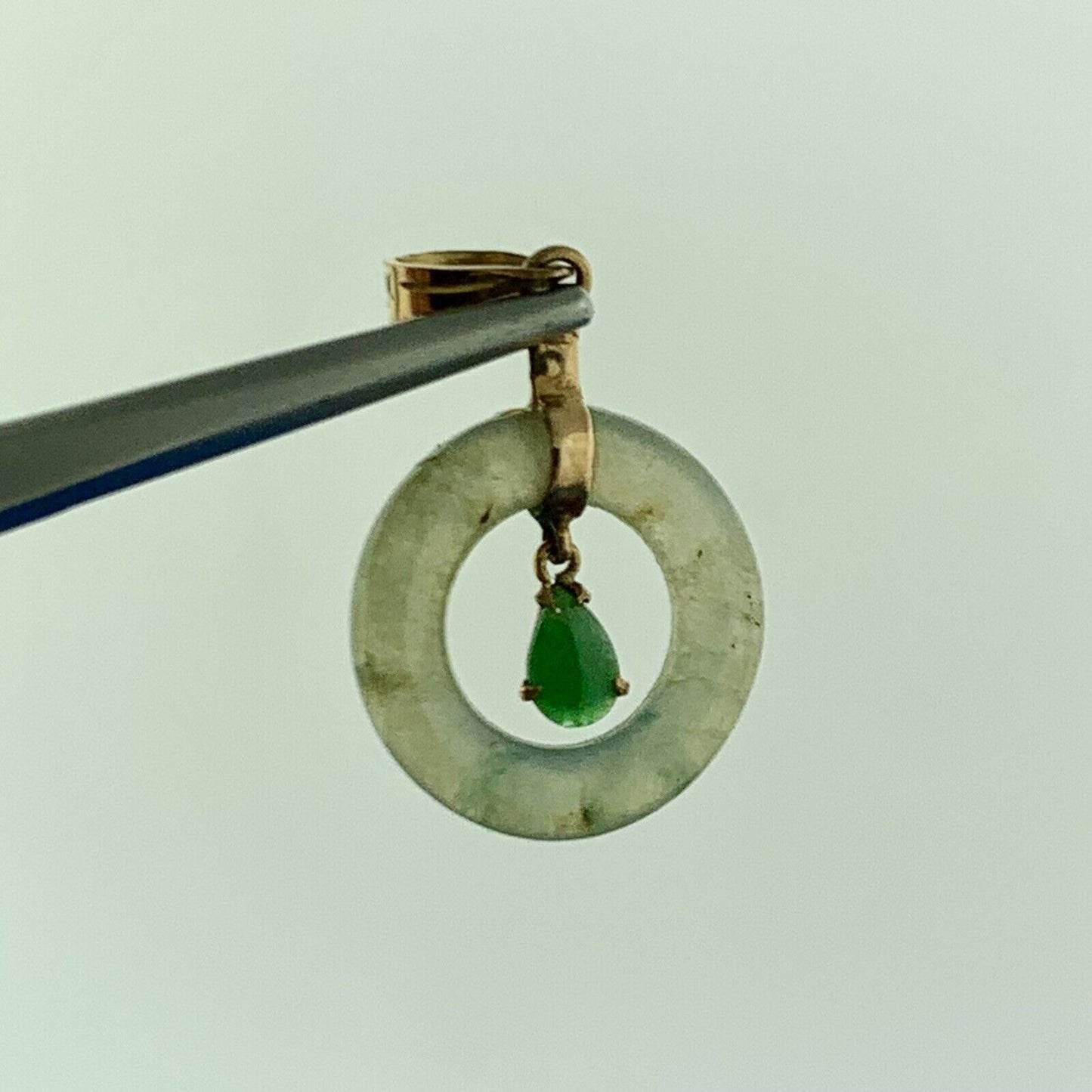 Gorgeous 14k Yellow Gold Cabochon Green Jade Teardrop Halo Dangle Pendant