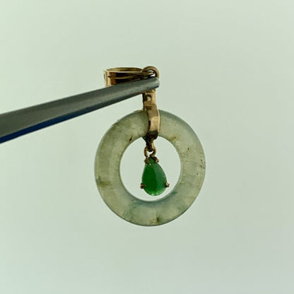 Gorgeous 14k Yellow Gold Cabochon Green Jade Teardrop Halo Dangle Pendant