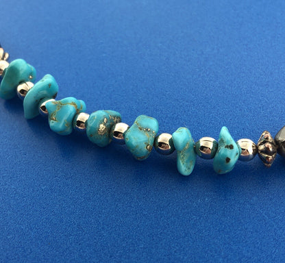 Vintage Sterling Silver 925 Liquid Silver Turquoise Nugget Pyrite Bead Necklace