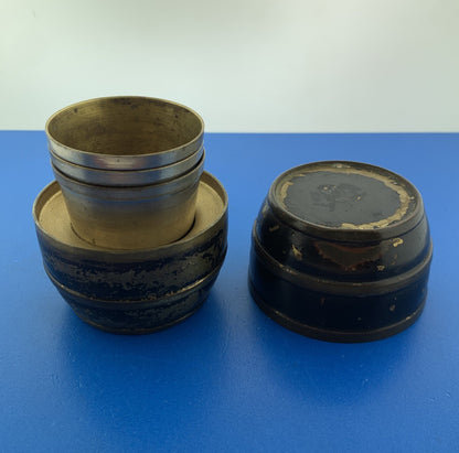 Mid Century German Metal Black Barrel 3 Shot Glasses Portable Barware
