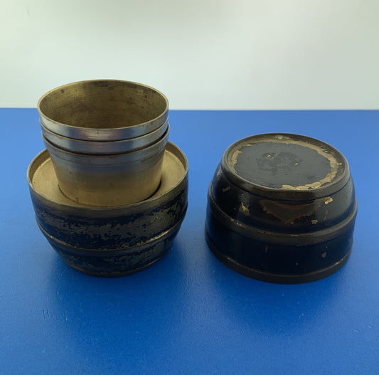 Mid Century German Metal Black Barrel 3 Shot Glasses Portable Barware