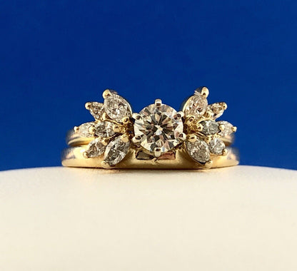 14K Yellow Gold Diamond Solitaire Floral Accent Guard Engagement Bridal Ring Set