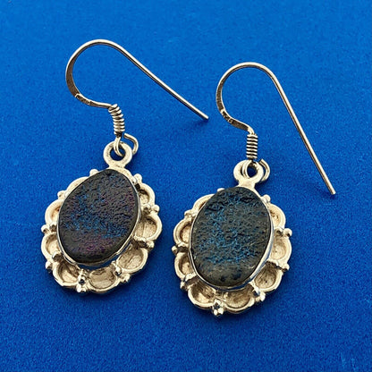 Estate 925 Sterling Silver Iridescent Purple Druzy Quartz Drop Dangle Earrings