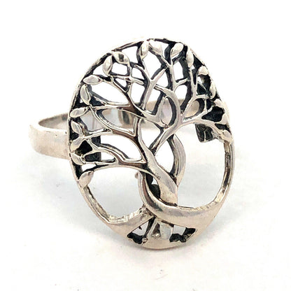 925 Sterling Silver Vintage Tree of Life Nature Modernist Oval Statement Ring