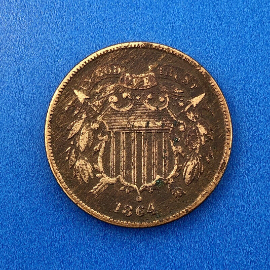 1864 P Bronze Two-Cent Piece Union Shield Large Motto Philadelphia Mint Coin