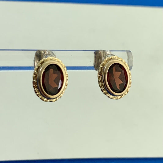 Designer 10K Yellow Gold Oval Garnet Stud Earrings