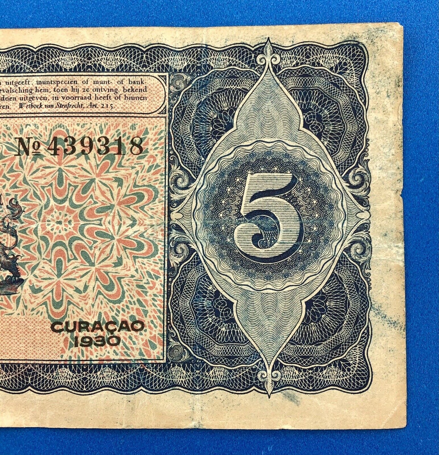 1930 Curacao 5 Gulden De Curacaoshe Bank Dutch Administration Rare Currency Note