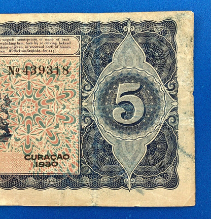 1930 Curacao 5 Gulden De Curacaoshe Bank Dutch Administration Rare Currency Note