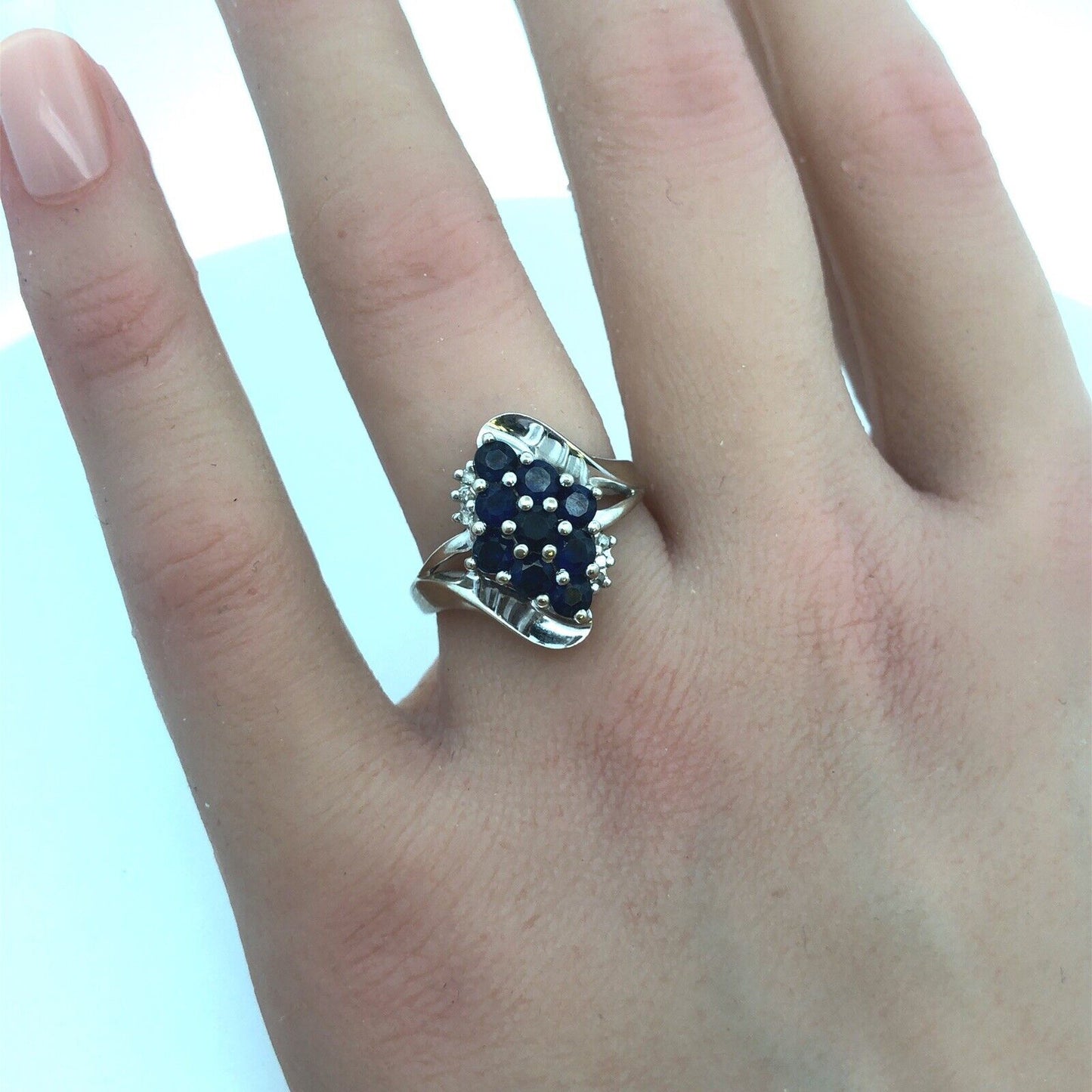 Designer 10K White Gold Round Sapphire Cluster W/Diamond Accents Cocktail Ring