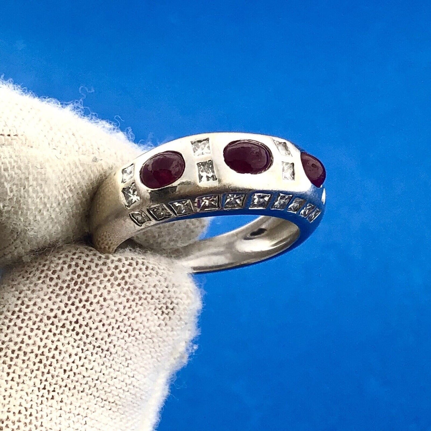 Art Deco Art Nouveau 18K White Gold Ruby Diamond July Anniversary Band Ring