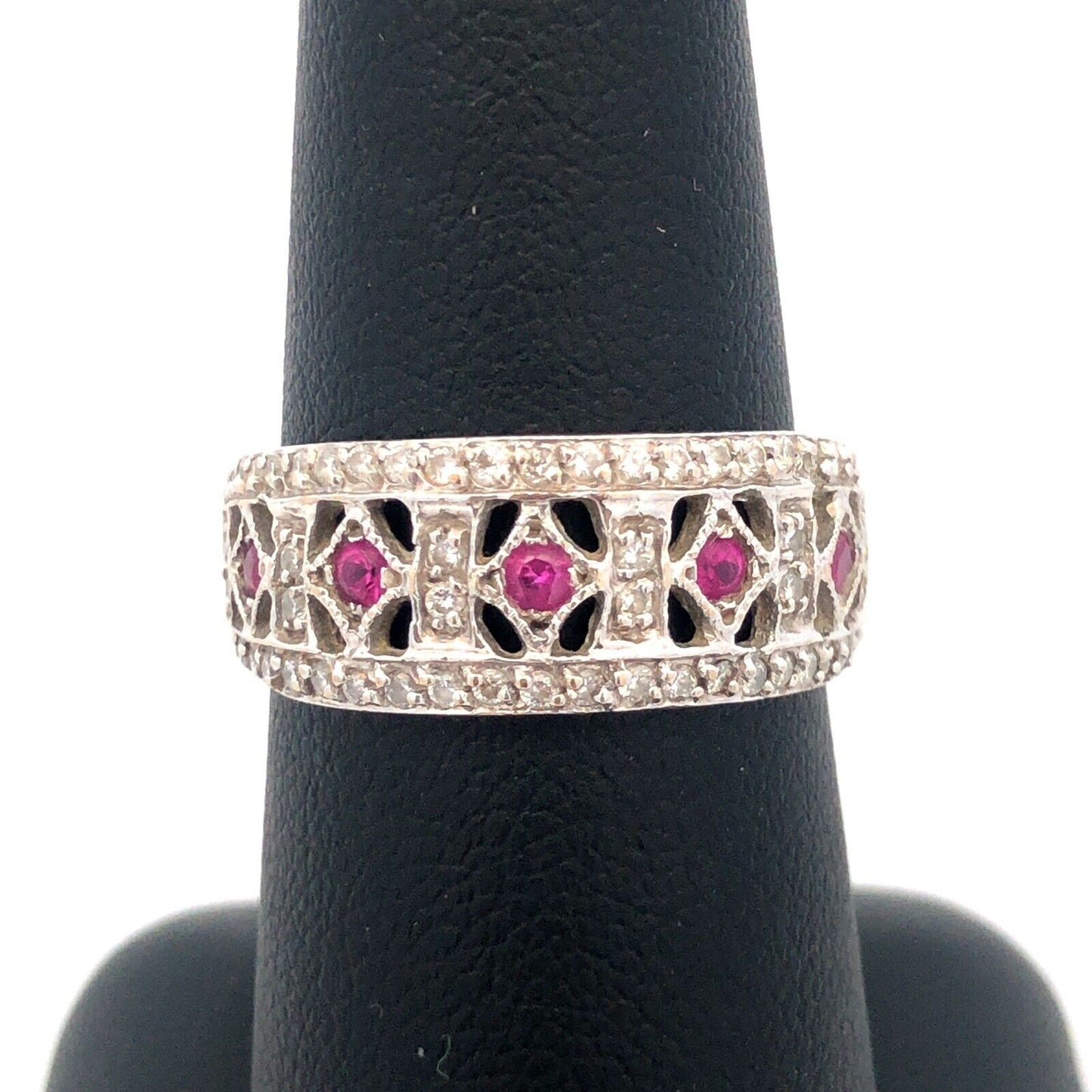 Vintage Art Deco 18k White Gold Filigree Ruby & Diamond Ring Size 7.5