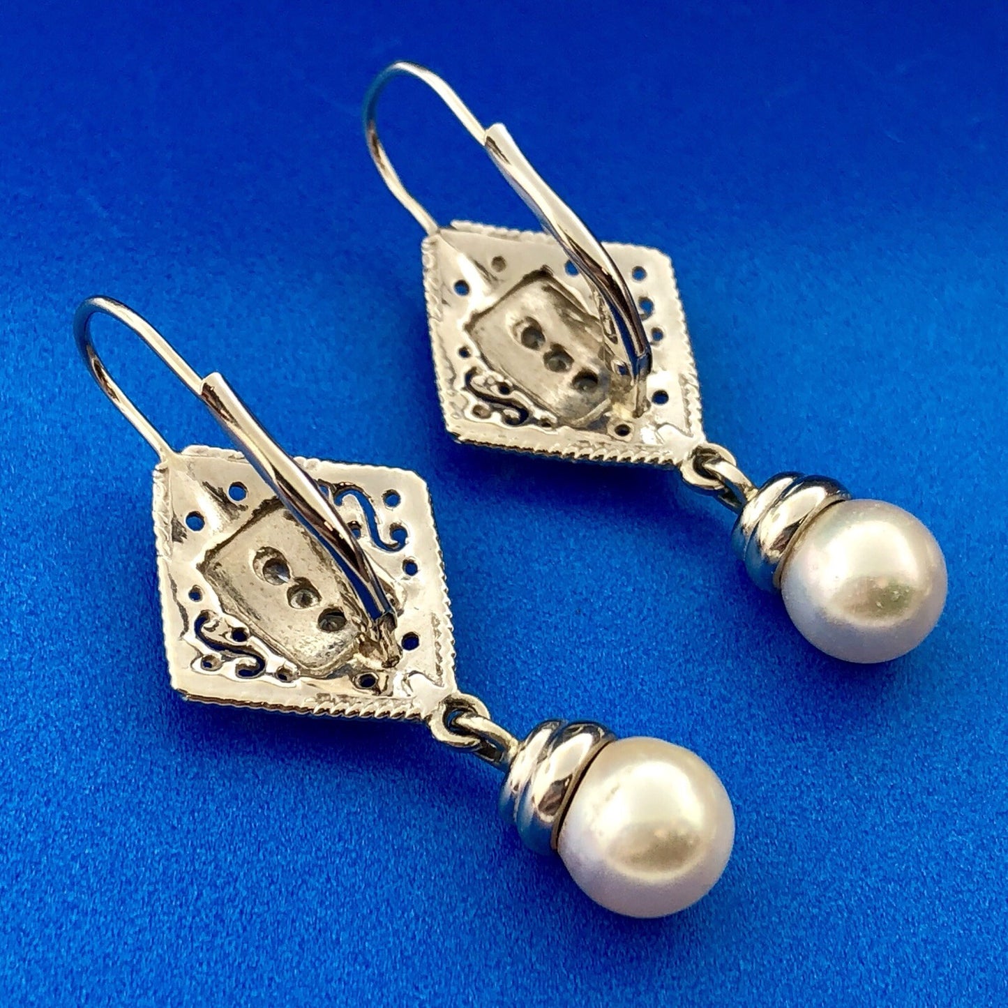 Art Deco 14K White Gold Pearl Diamond Filigree Drop Dangle French Hook Earrings