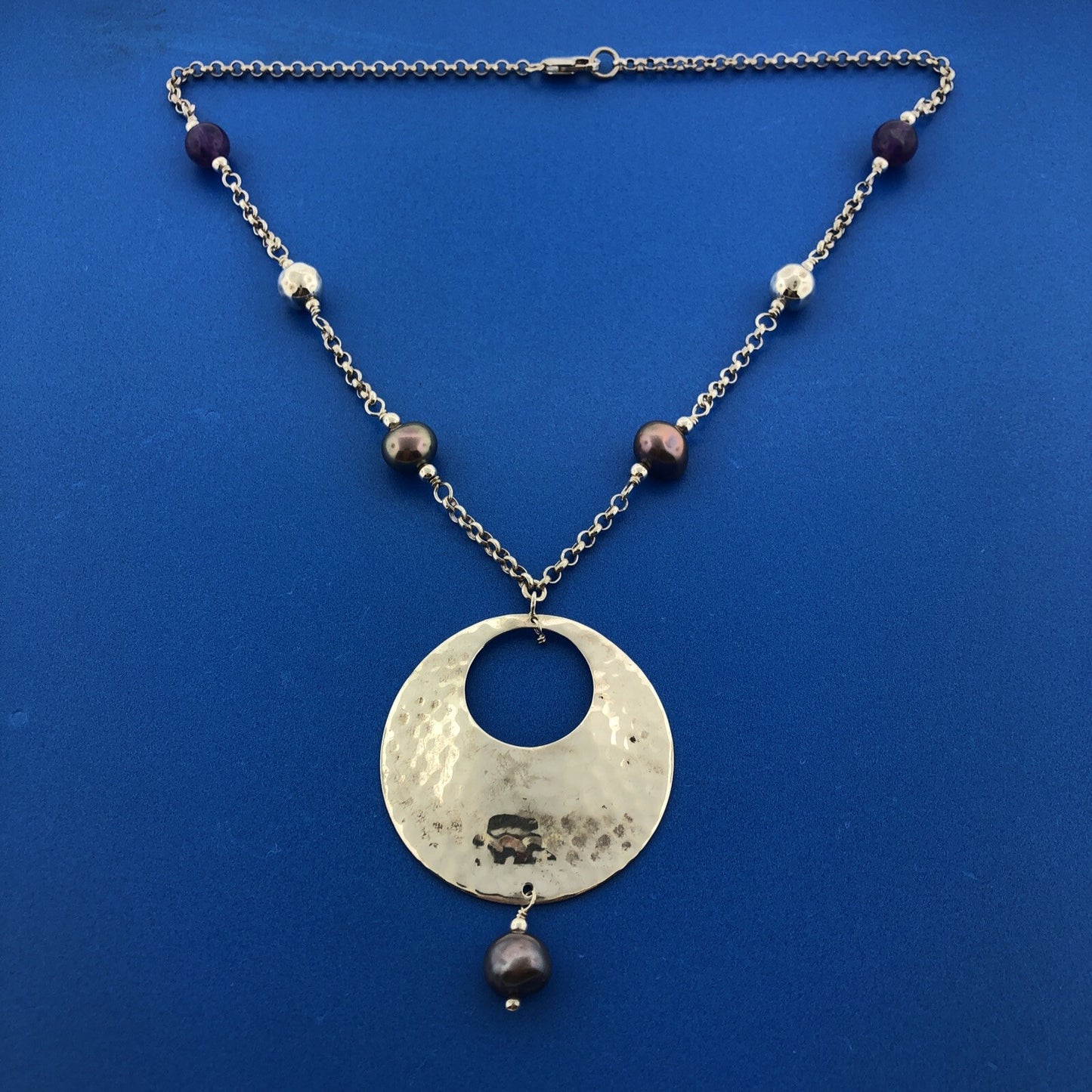 Designer Avi Soffer 925 Sterling Silver Pearl Amethyst Beaded Hammered Necklace